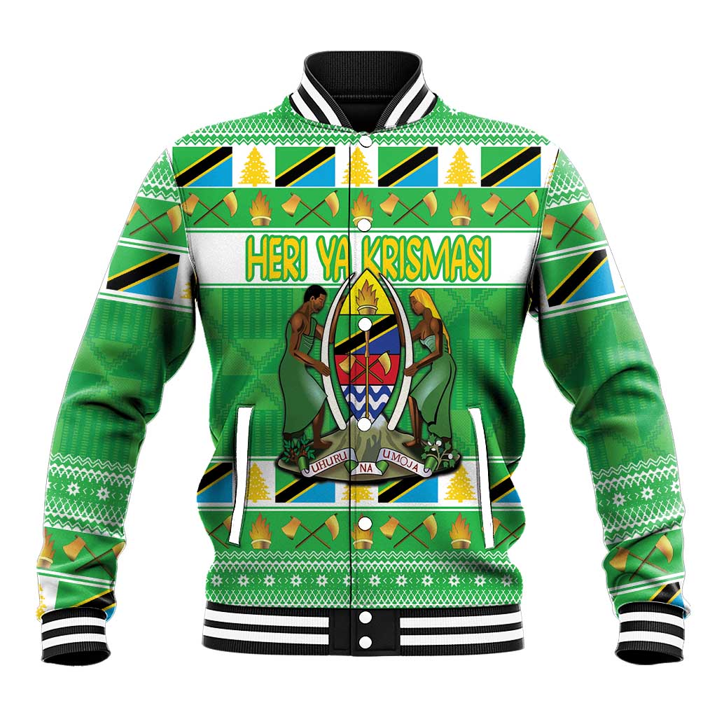 Green baseball jacket with black-and-white striped collar and festive front graphic