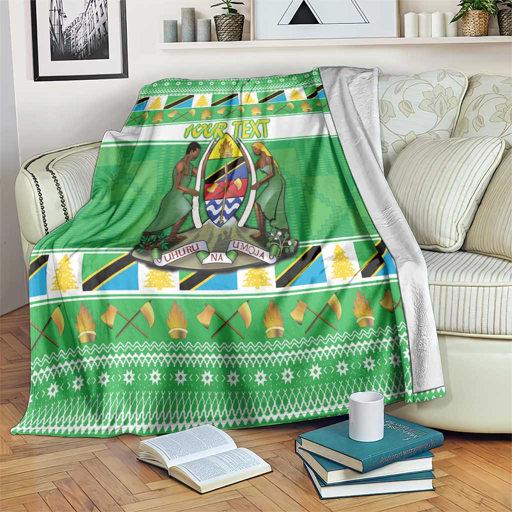 Green Christmas blanket with centered "YOUR TEXT" and festive patterned border