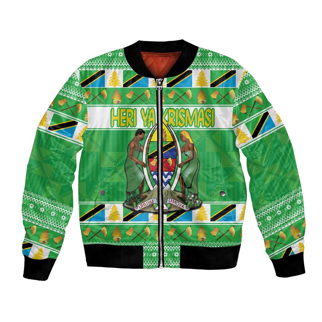 Green unisex bomber jacket with front zipper and festive patterned graphic