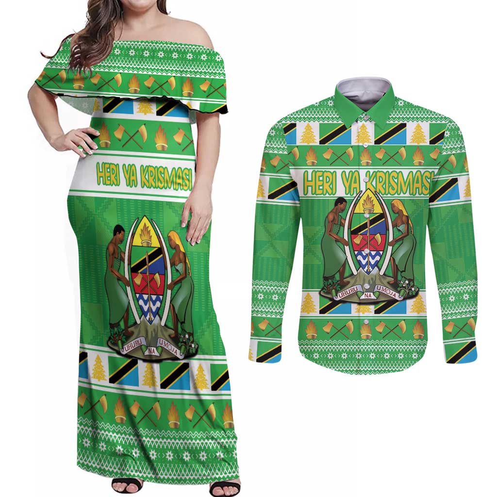 Personalized Tanzania Christmas Couples Matching Off Shoulder Maxi Dress and Long Sleeve Button Shirt Uhuru na Umoja Heri ya Krismasi - Wonder Print Shop