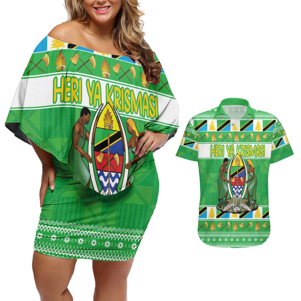 Personalized Tanzania Christmas Couples Matching Off Shoulder Short Dress and Hawaiian Shirt Uhuru na Umoja Heri ya Krismasi - Wonder Print Shop