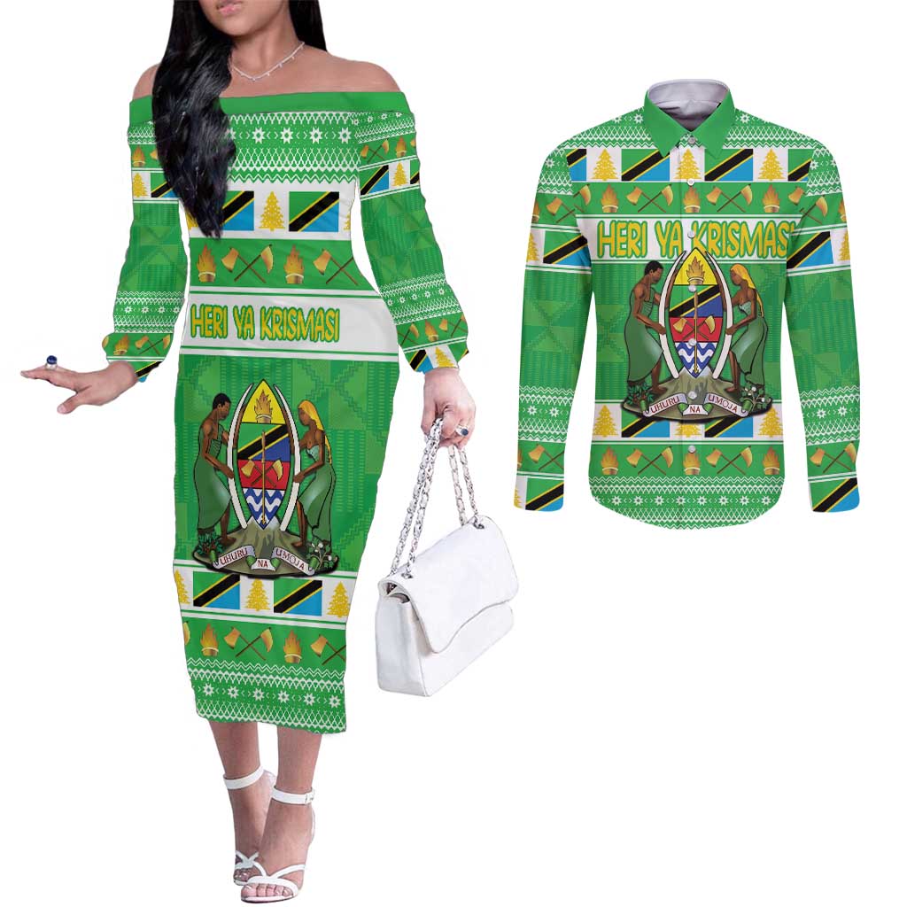 Personalized Tanzania Christmas Couples Matching Off The Shoulder Long Sleeve Dress and Long Sleeve Button Shirt Uhuru na Umoja Heri ya Krismasi