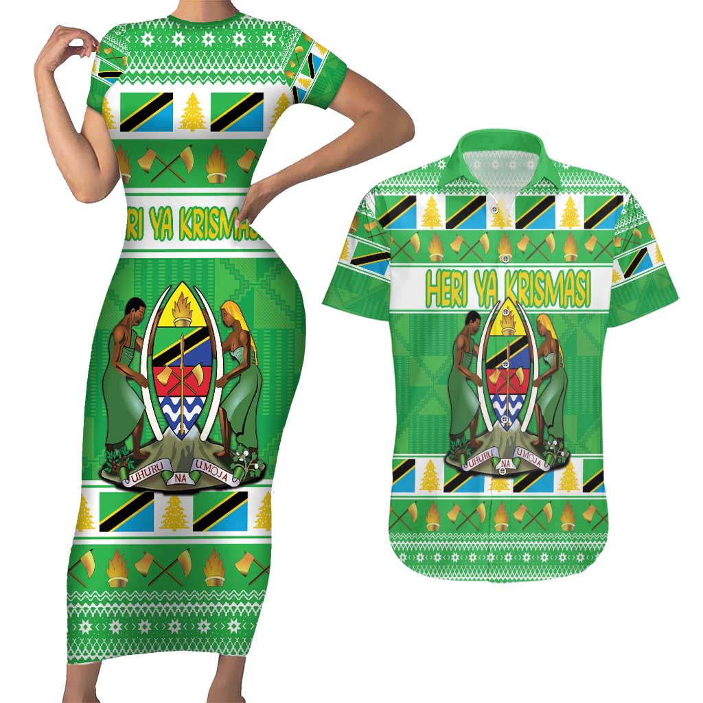 Personalized Tanzania Christmas Couples Matching Short Sleeve Bodycon Dress and Hawaiian Shirt Uhuru na Umoja Heri ya Krismasi - Wonder Print Shop