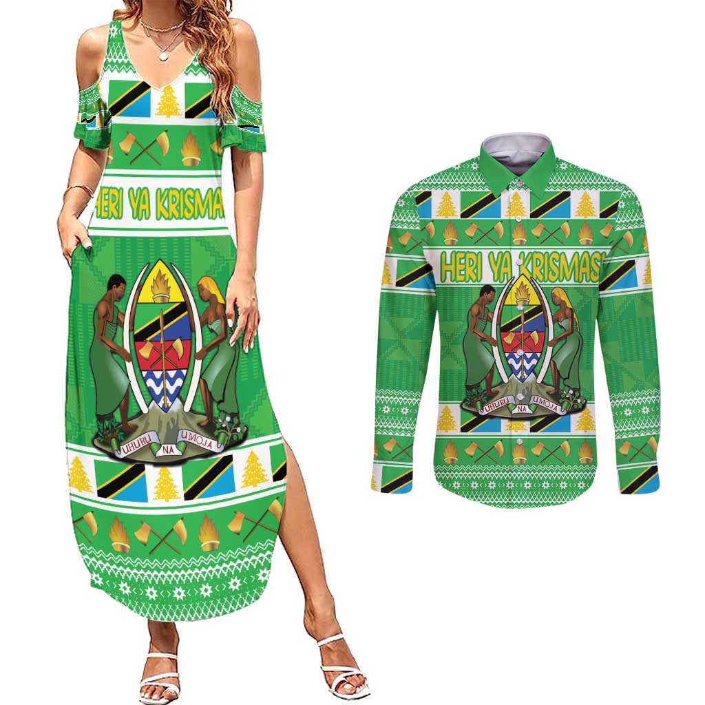 Personalized Tanzania Christmas Couples Matching Summer Maxi Dress and Long Sleeve Button Shirt Uhuru na Umoja Heri ya Krismasi - Wonder Print Shop