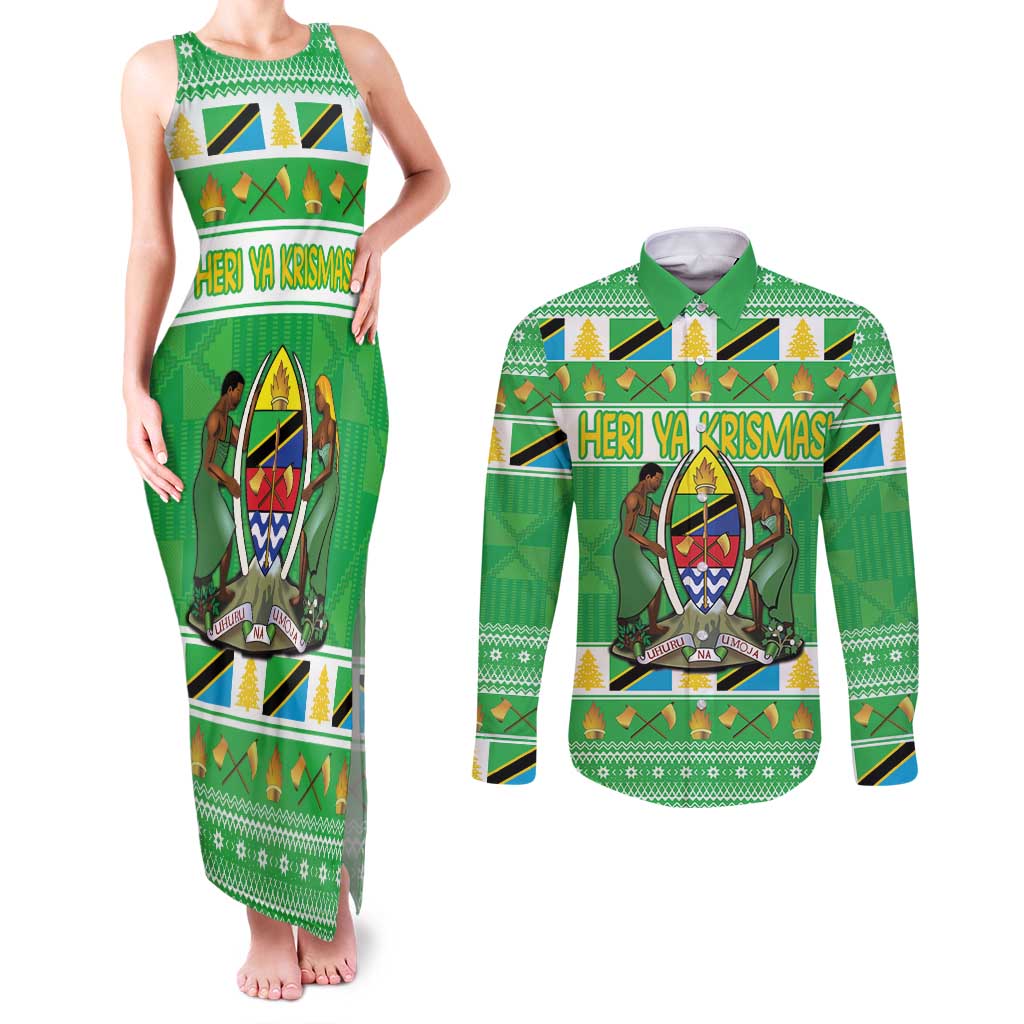 Personalized Tanzania Christmas Couples Matching Tank Maxi Dress and Long Sleeve Button Shirt Uhuru na Umoja Heri ya Krismasi - Wonder Print Shop