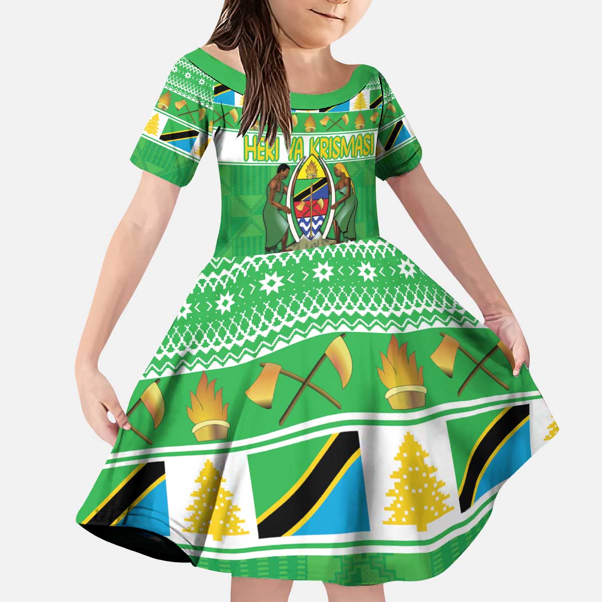 Personalized Tanzania Christmas Kid Short Sleeve Dress Uhuru na Umoja Heri ya Krismasi - Wonder Print Shop