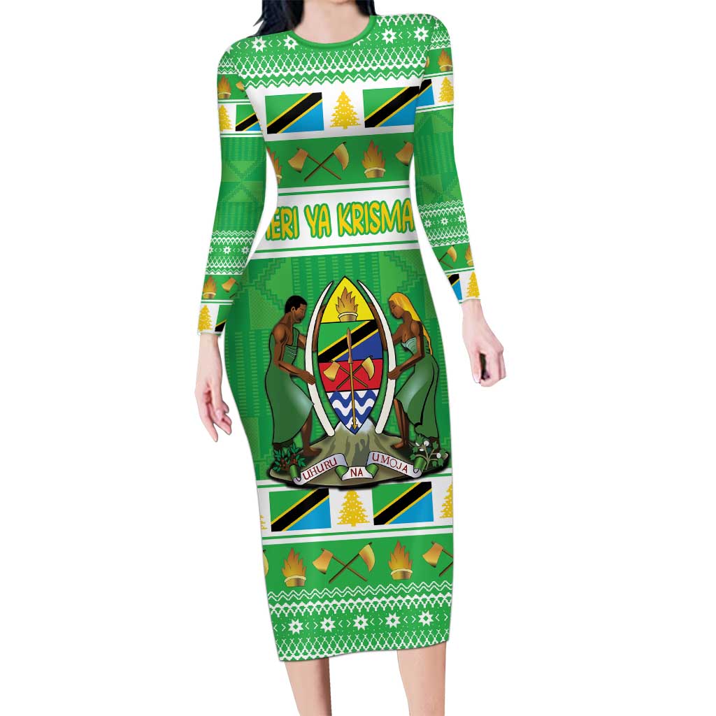 Personalized Tanzania Christmas Long Sleeve Bodycon Dress Uhuru na Umoja Heri ya Krismasi - Wonder Print Shop