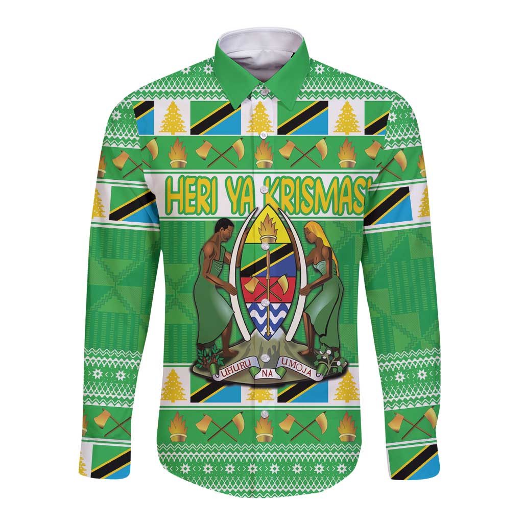 Personalized Tanzania Christmas Long Sleeve Button Shirt Uhuru na Umoja Heri ya Krismasi - Wonder Print Shop