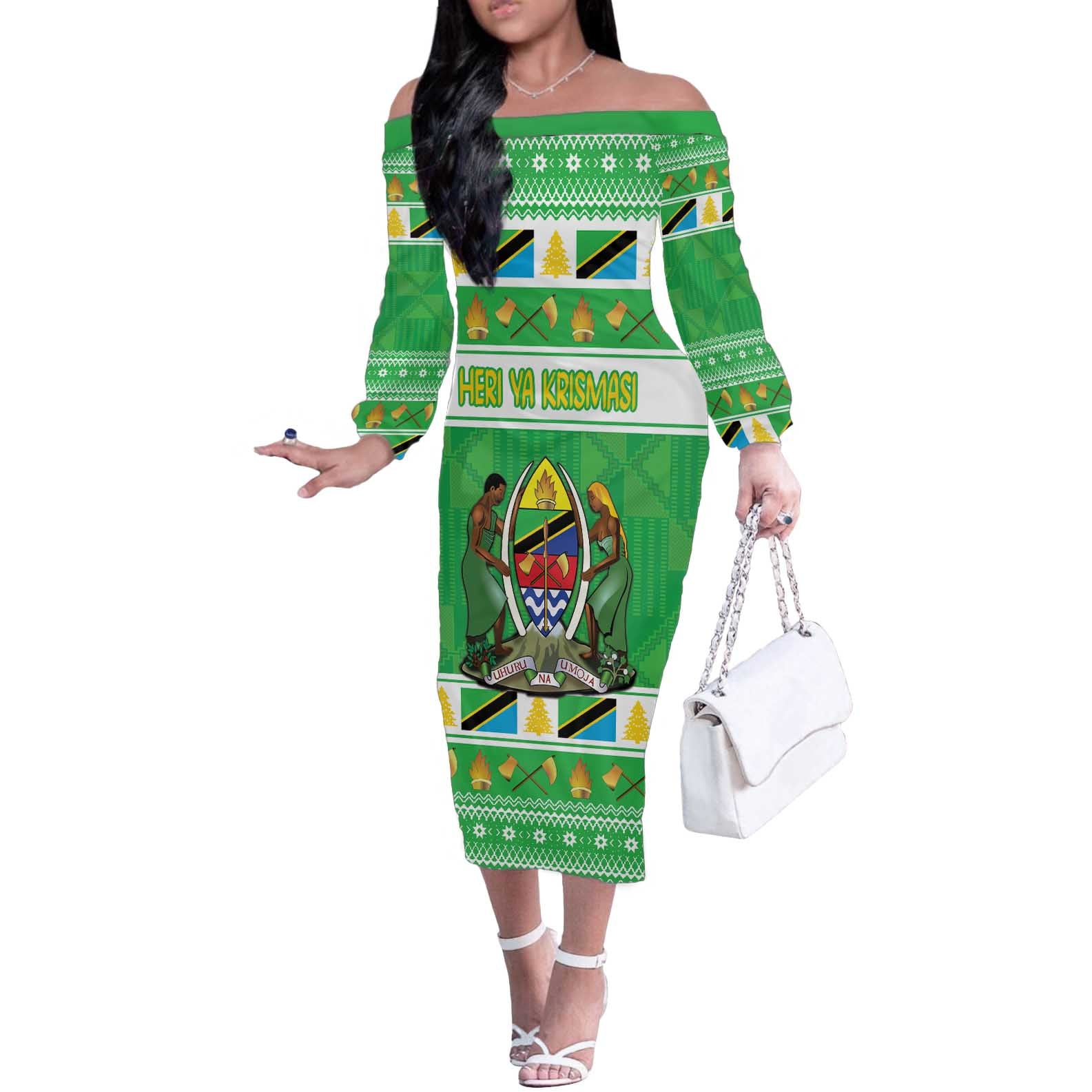 Personalized Tanzania Christmas Off The Shoulder Long Sleeve Dress Uhuru na Umoja Heri ya Krismasi - Wonder Print Shop