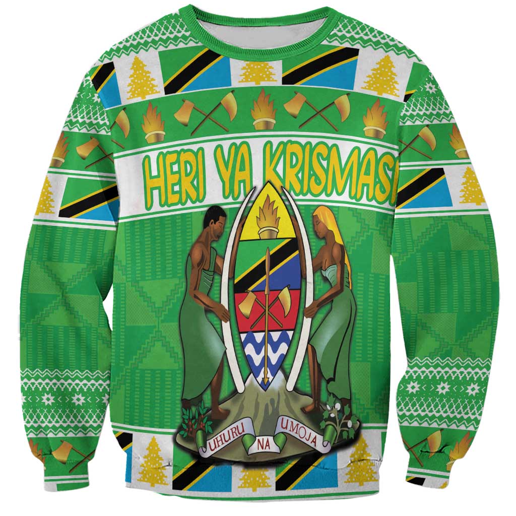 Green unisex sweatshirt with holiday print and 'HERI YA KRISMAS' text, shield center