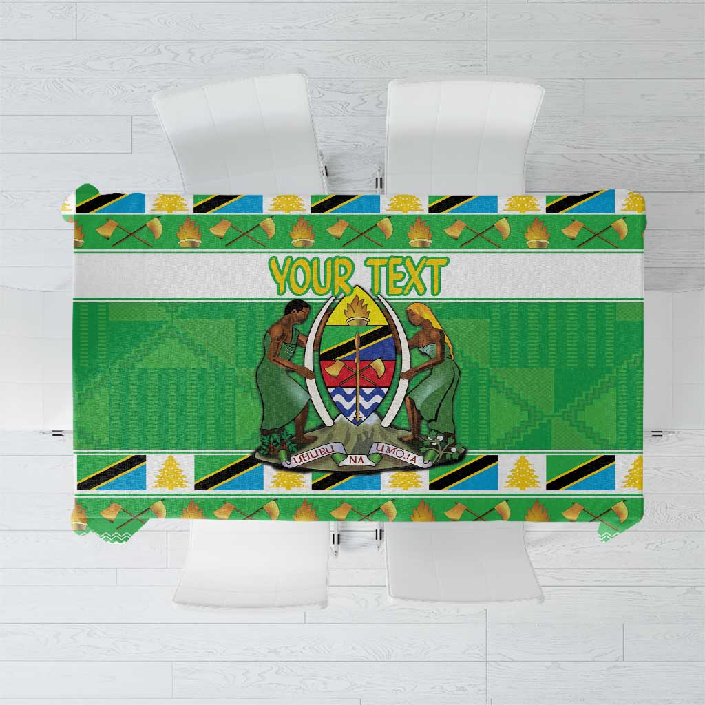 Green Christmas tablecloth with central coat-of-arms and 'YOUR TEXT' banner