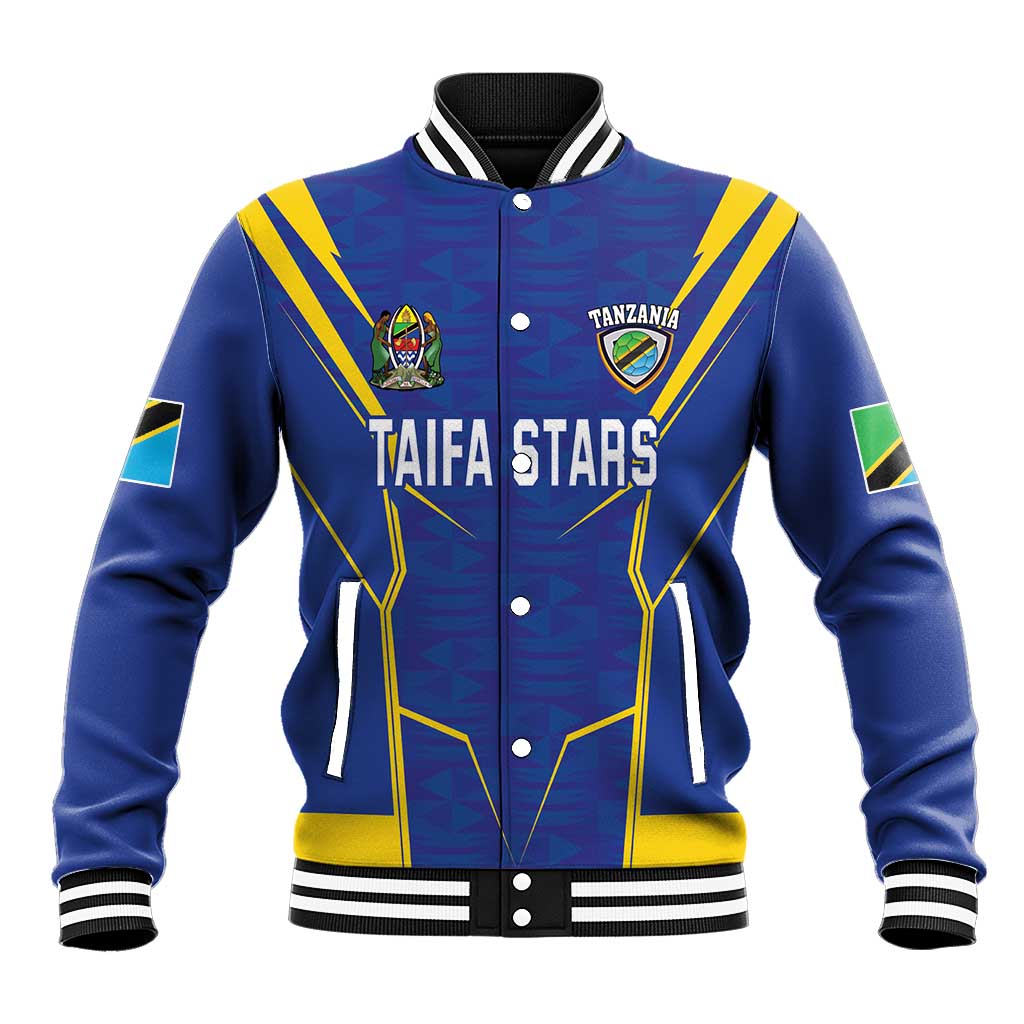 Blue baseball jacket with ribbed collar, snap front, and Taifa Stars graphic front