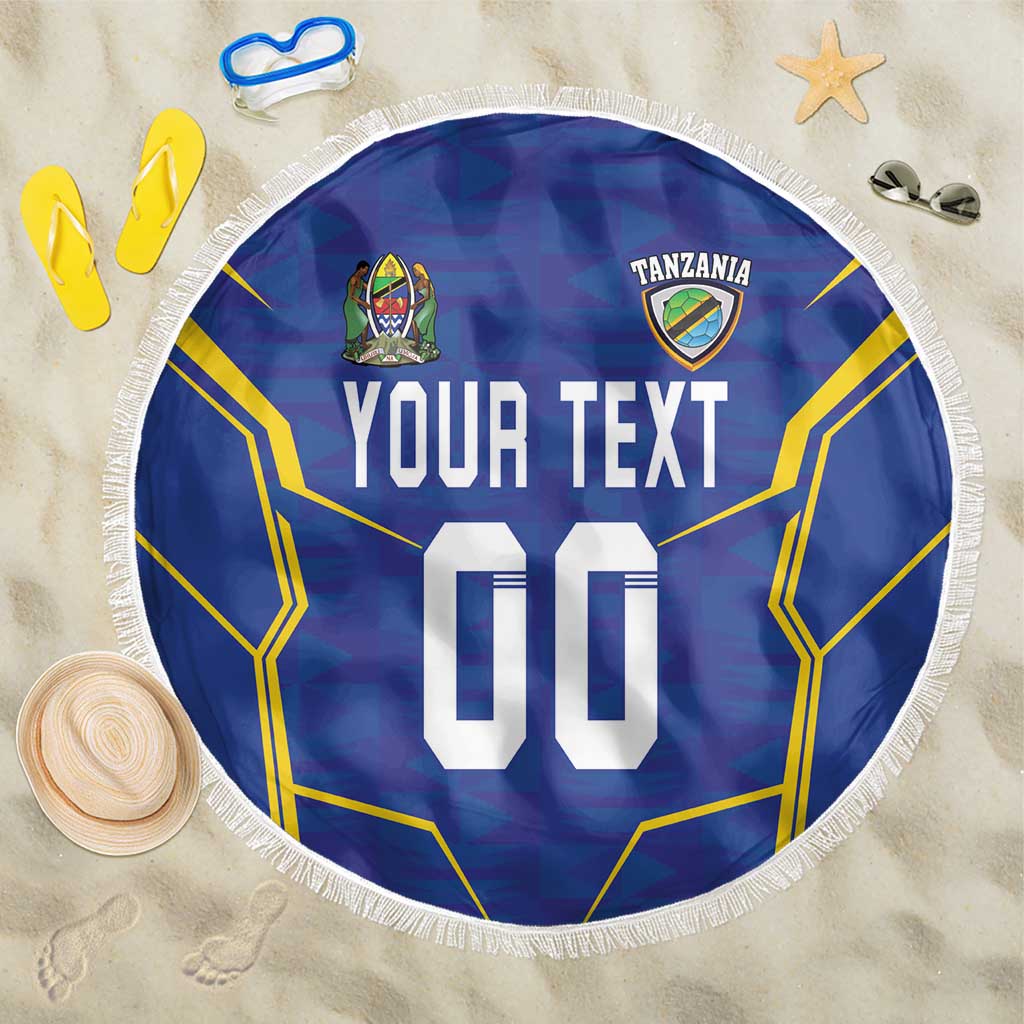 Blue football beach blanket with custom text and '00' print, white fringe edge