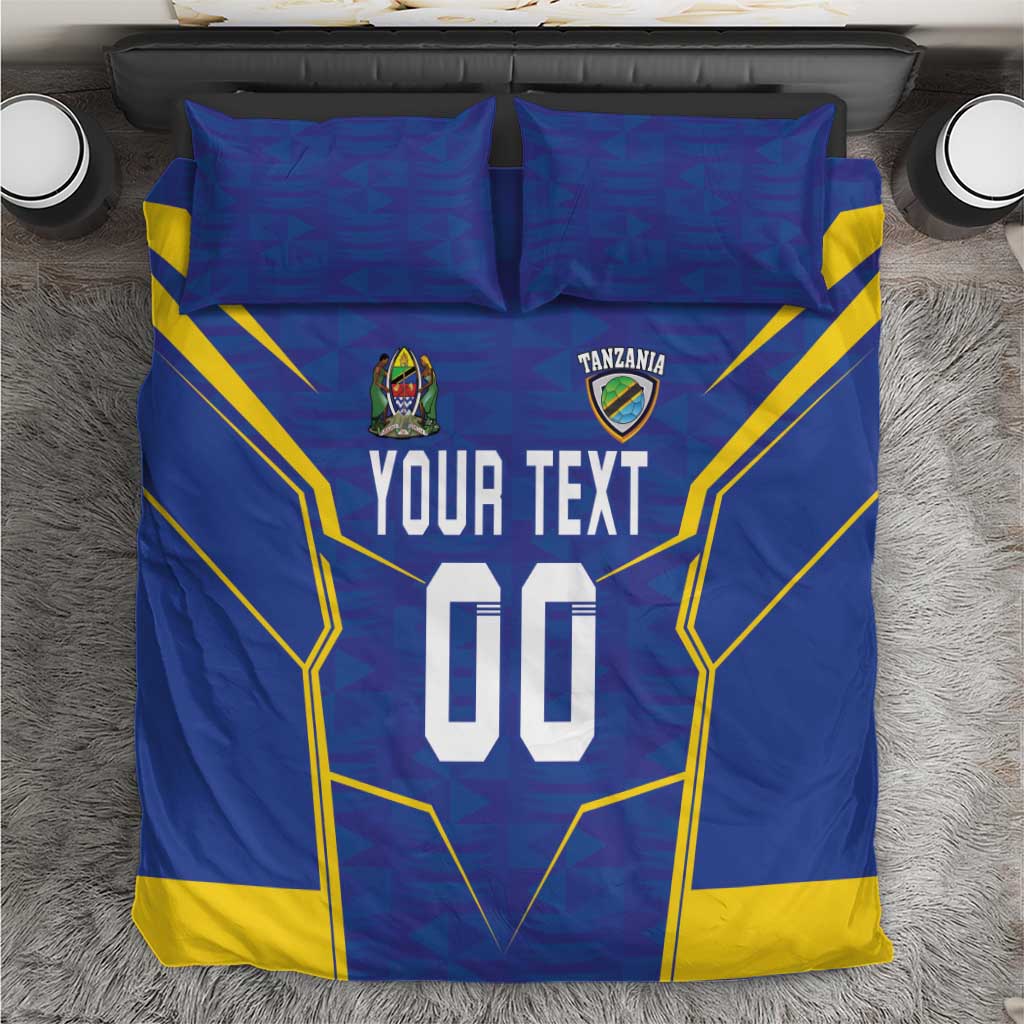 Blue football bedding set with jersey-style graphic, 'YOUR TEXT 00' and yellow trim