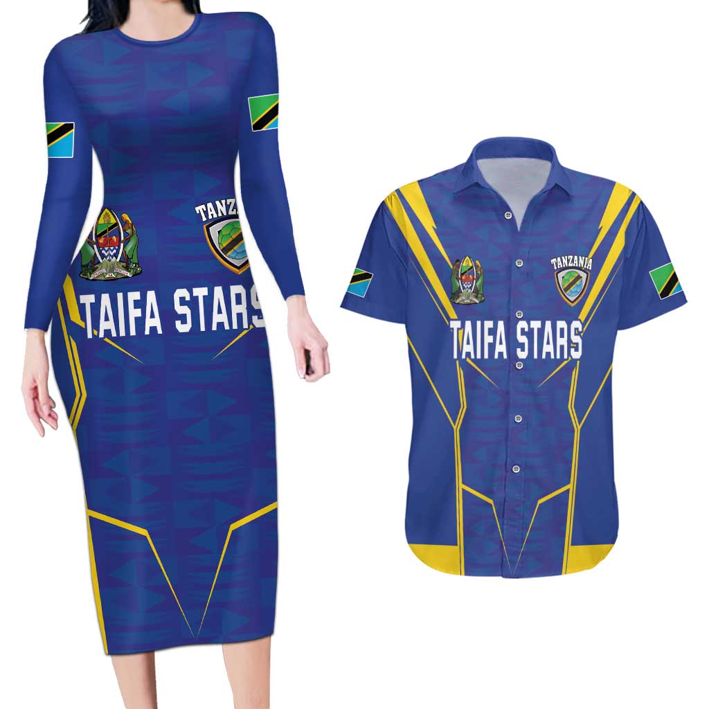 Custom Tanzania Football Couples Matching Long Sleeve Bodycon Dress and Hawaiian Shirt Taifa Stars Sporty Style - Wonder Print Shop