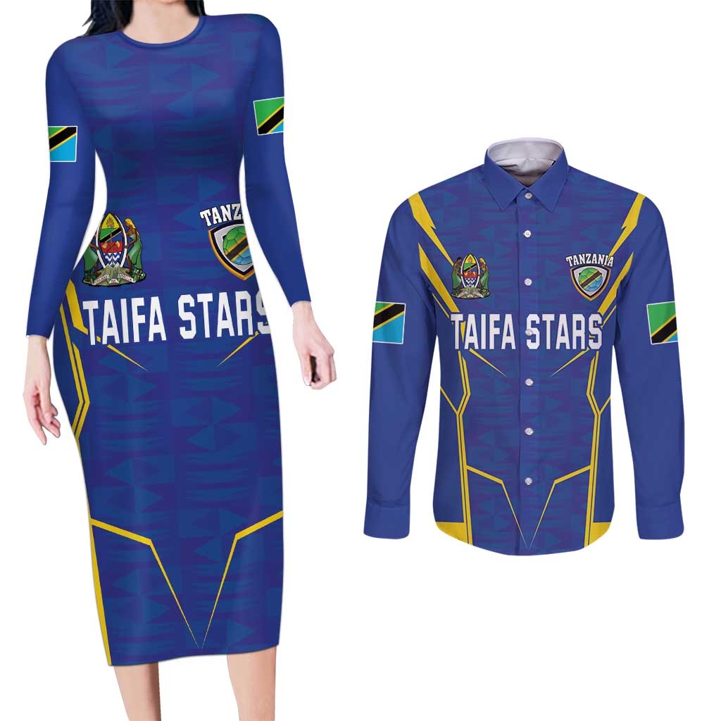 Custom Tanzania Football Couples Matching Long Sleeve Bodycon Dress and Long Sleeve Button Shirt Taifa Stars Sporty Style - Wonder Print Shop