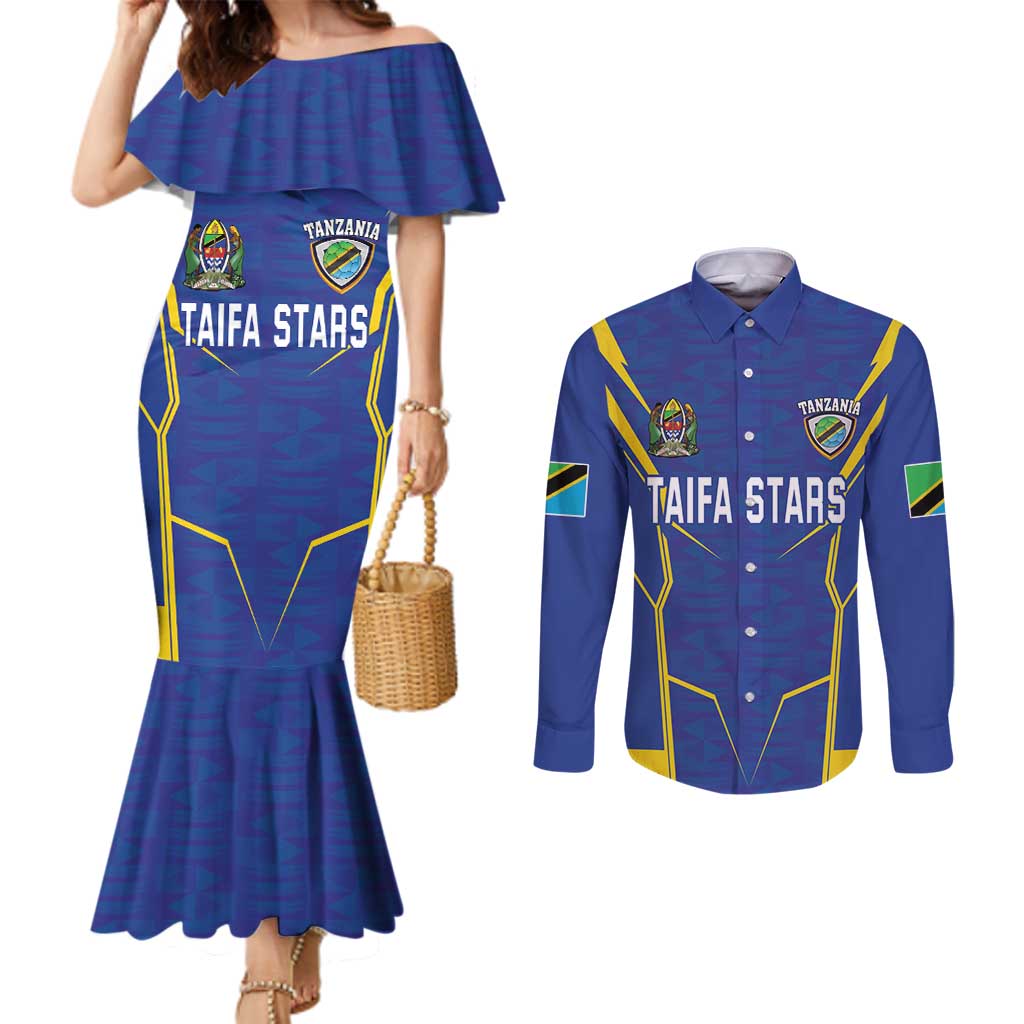 Custom Tanzania Football Couples Matching Mermaid Dress and Long Sleeve Button Shirt Taifa Stars Sporty Style