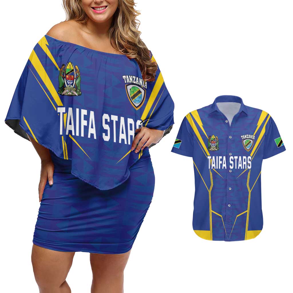 Custom Tanzania Football Couples Matching Off Shoulder Short Dress and Hawaiian Shirt Taifa Stars Sporty Style - Wonder Print Shop