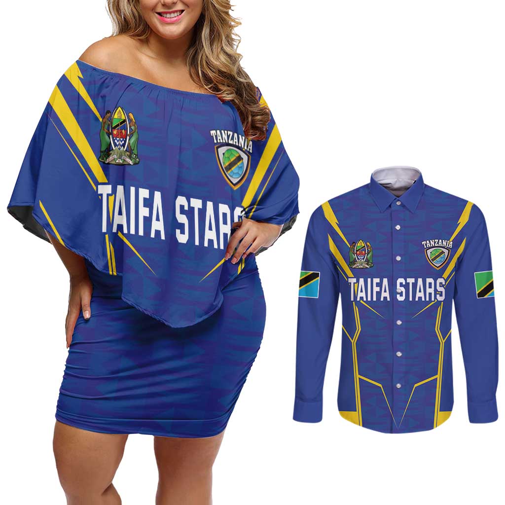 Custom Tanzania Football Couples Matching Off Shoulder Short Dress and Long Sleeve Button Shirt Taifa Stars Sporty Style - Wonder Print Shop