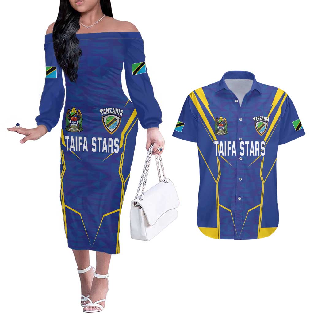 Custom Tanzania Football Couples Matching Off The Shoulder Long Sleeve Dress and Hawaiian Shirt Taifa Stars Sporty Style - Wonder Print Shop