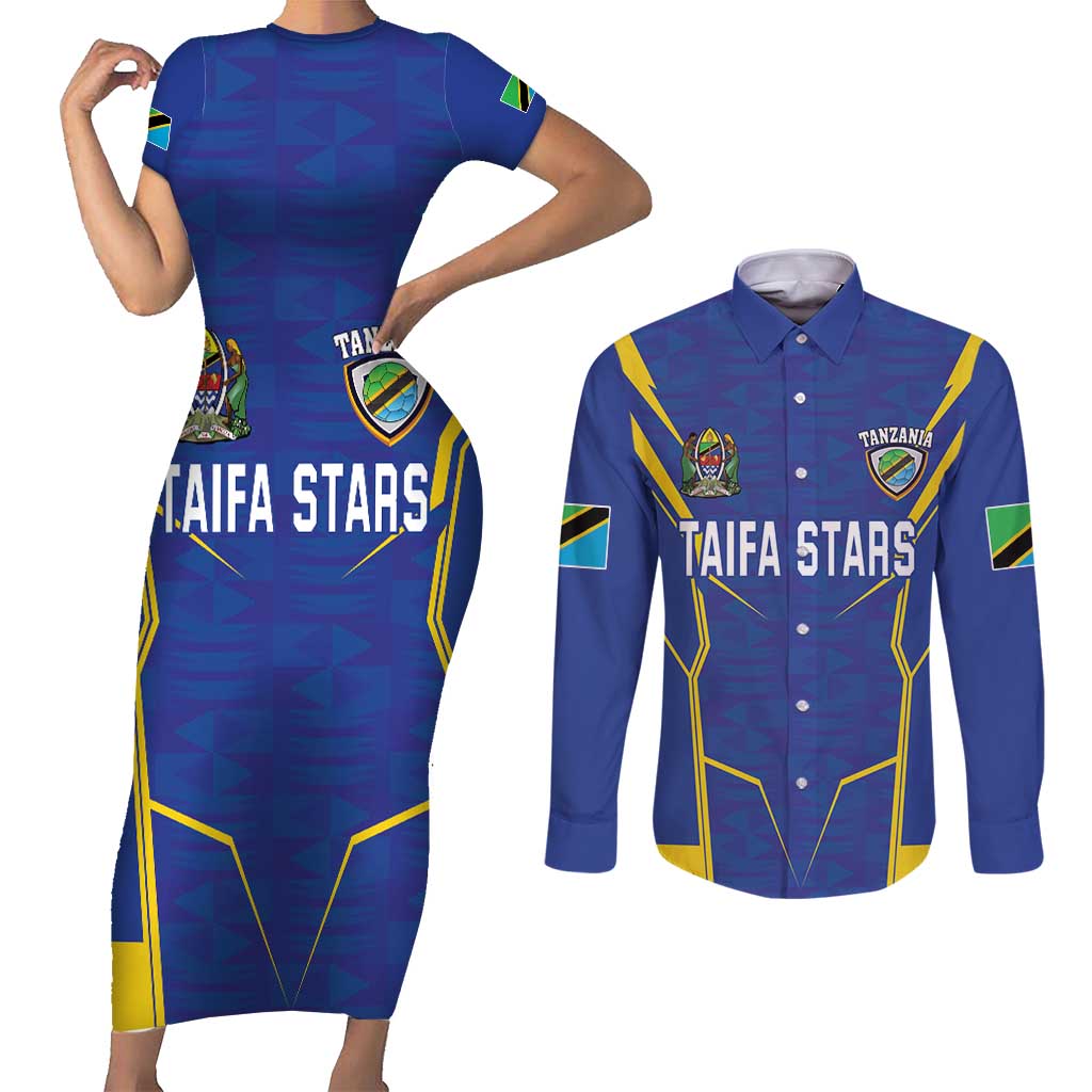 Custom Tanzania Football Couples Matching Short Sleeve Bodycon Dress and Long Sleeve Button Shirt Taifa Stars Sporty Style - Wonder Print Shop