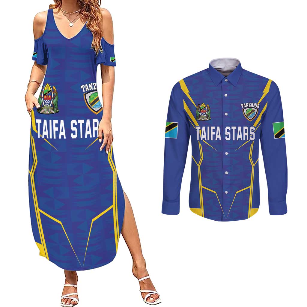 Custom Tanzania Football Couples Matching Summer Maxi Dress and Long Sleeve Button Shirt Taifa Stars Sporty Style - Wonder Print Shop