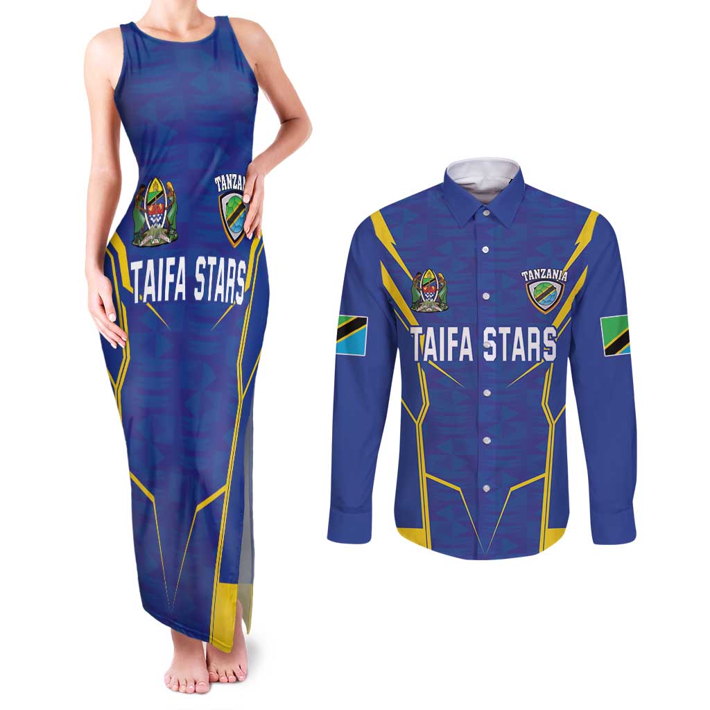 Custom Tanzania Football Couples Matching Tank Maxi Dress and Long Sleeve Button Shirt Taifa Stars Sporty Style - Wonder Print Shop