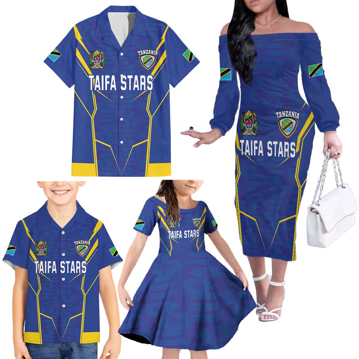 Custom Tanzania Football Family Matching Off The Shoulder Long Sleeve Dress and Hawaiian Shirt Taifa Stars Sporty Style - Wonder Print Shop