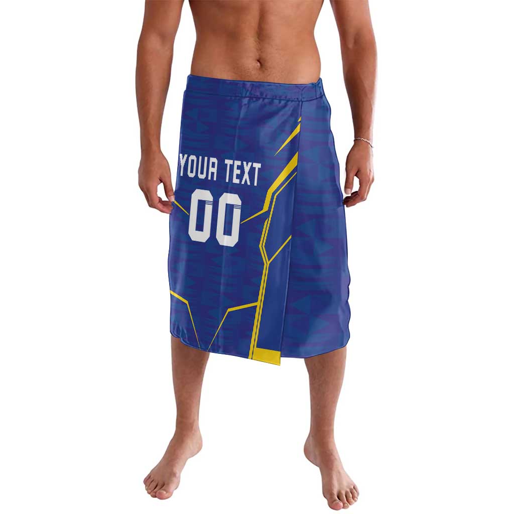 Blue football lavalava shorts with elastic waist and yellow geometric front print