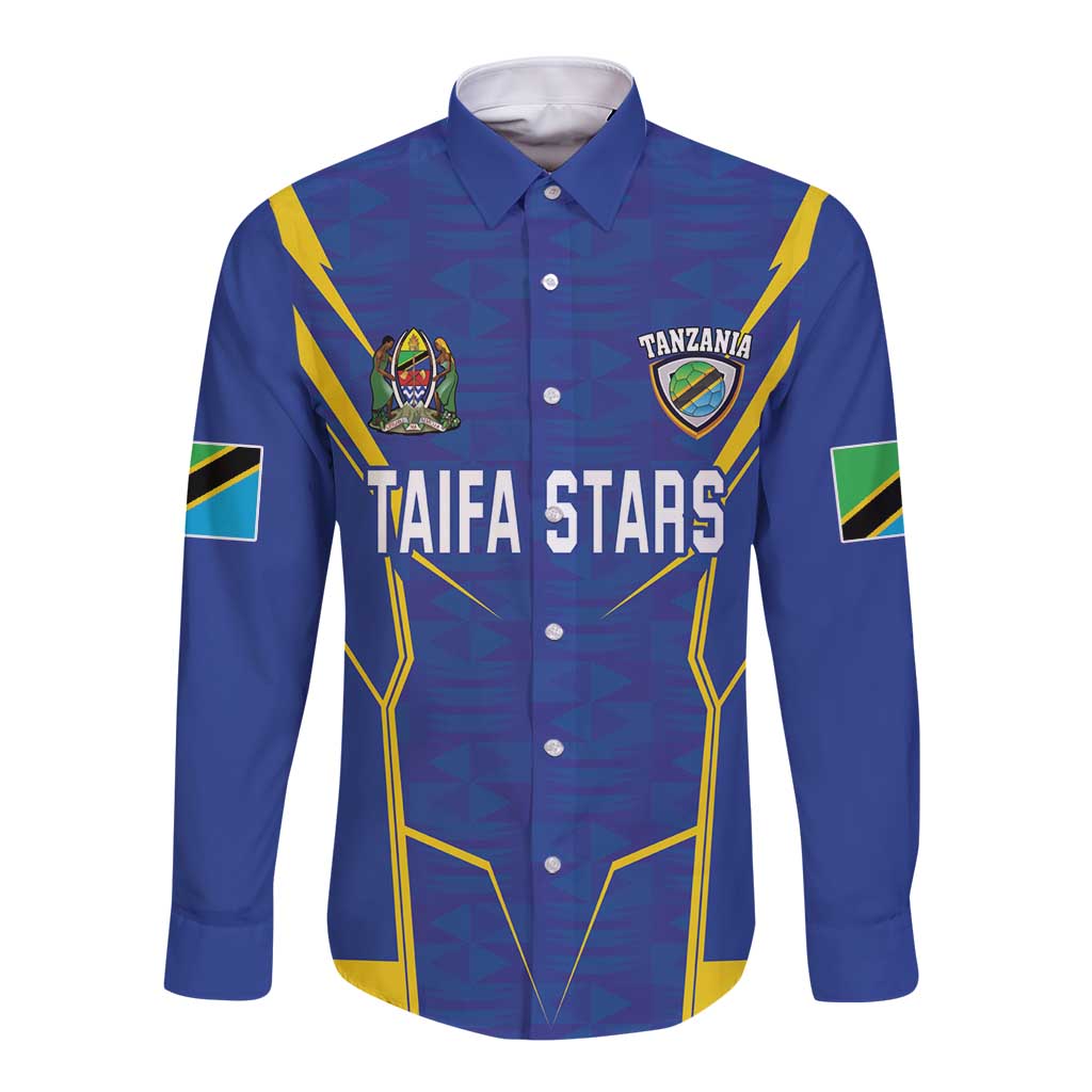Blue long-sleeve button football shirt with yellow geometric accents and Taifa Stars logo