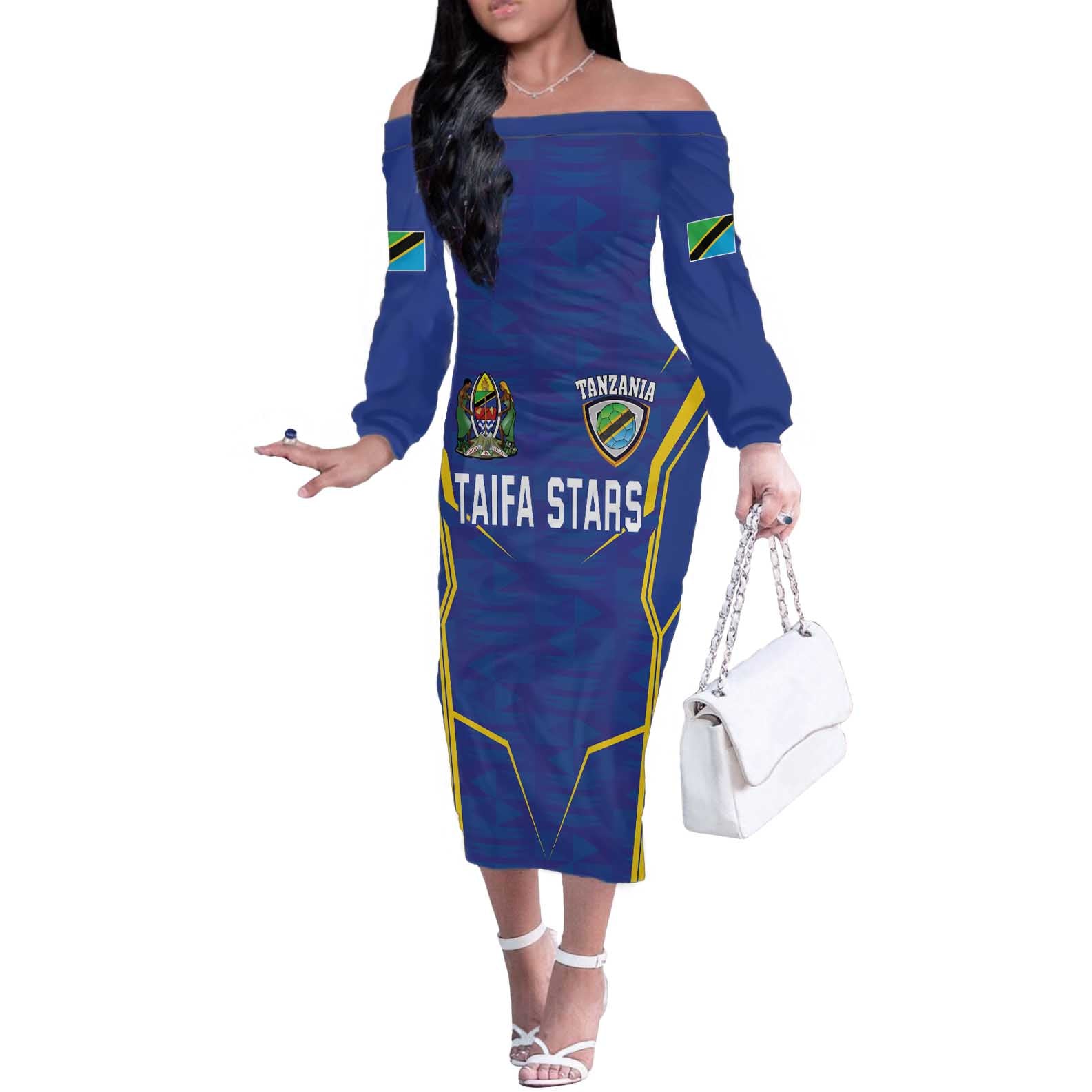 Custom Tanzania Football Off The Shoulder Long Sleeve Dress Taifa Stars Sporty Style - Wonder Print Shop