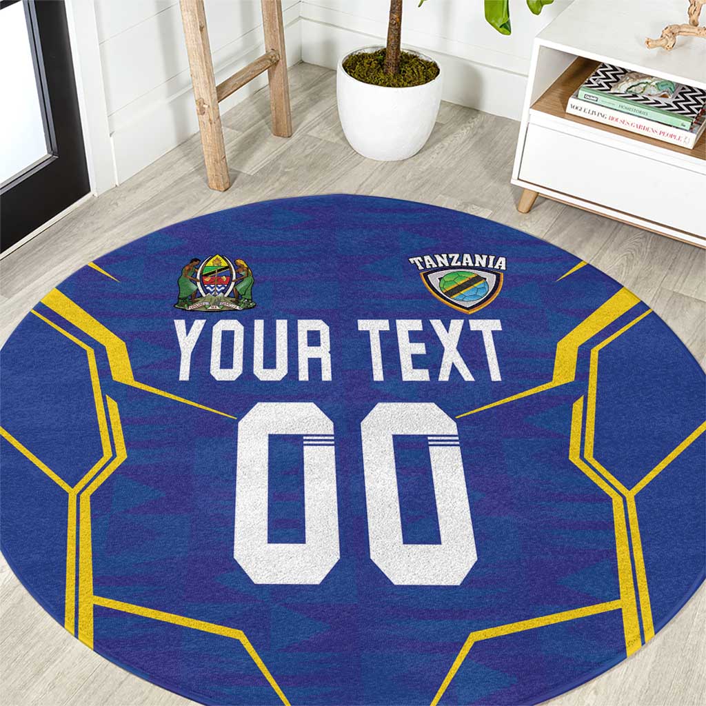 Blue round football carpet with 'YOUR TEXT' and large '00' graphic