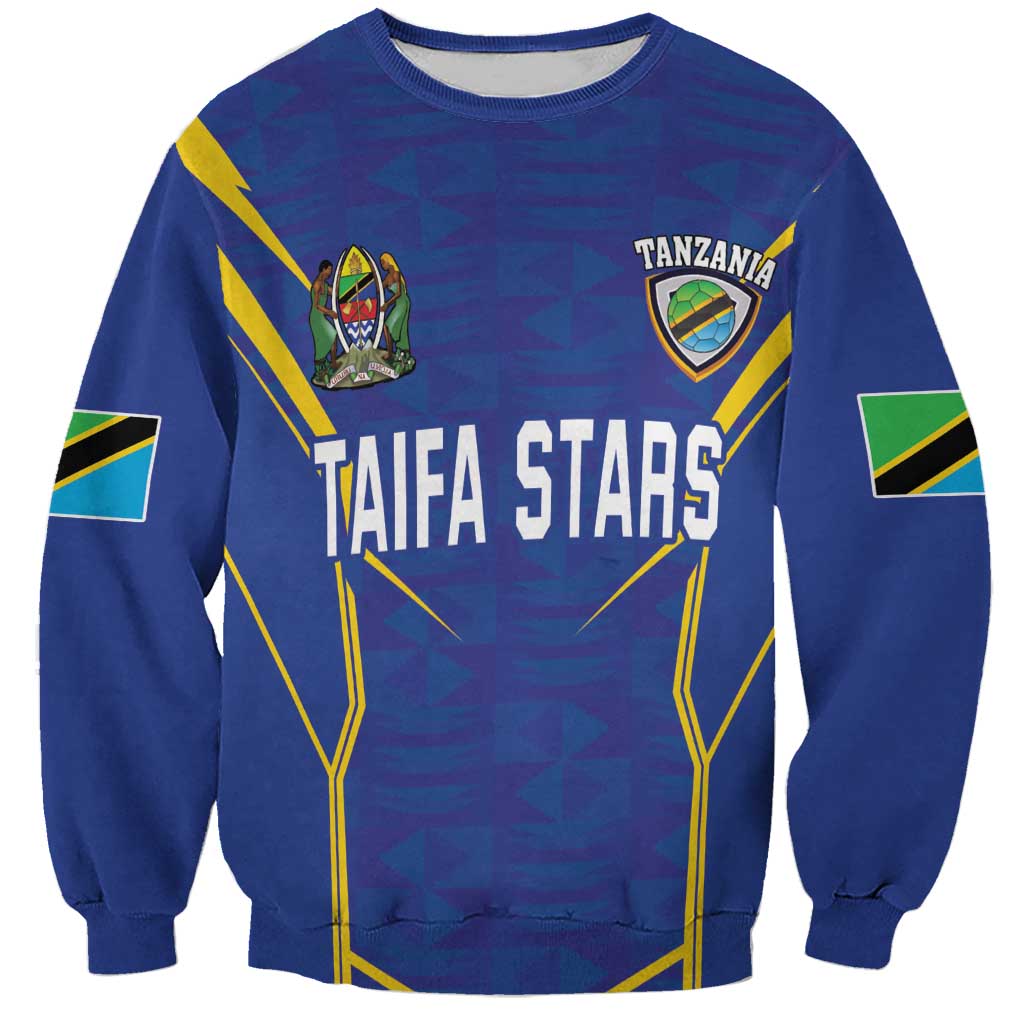 Blue crewneck football sweatshirt with Tanzania crest and Taifa Stars front graphic