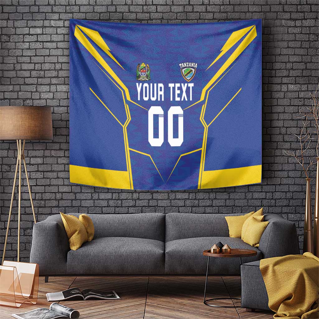 Blue football wall tapestry with yellow lightning design, 'YOUR TEXT' and large '00'.