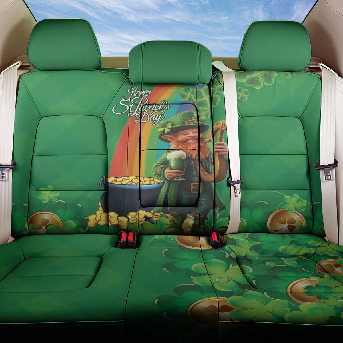 Happy Saint Patrick's Day Back Car Seat Cover Cheerful Leprechaun Irish Harp