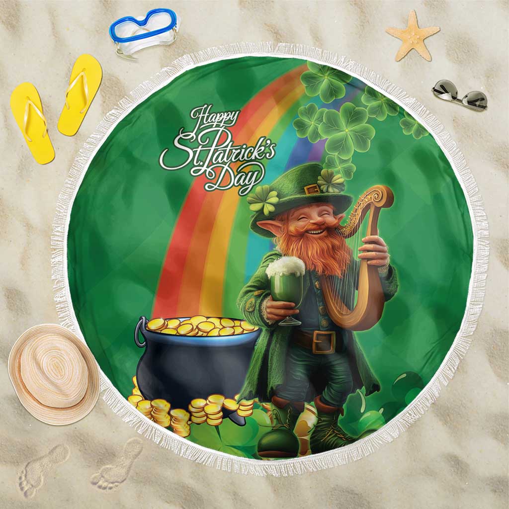 Round green beach blanket with white fringe, leprechaun holding beer and harp, clovers.