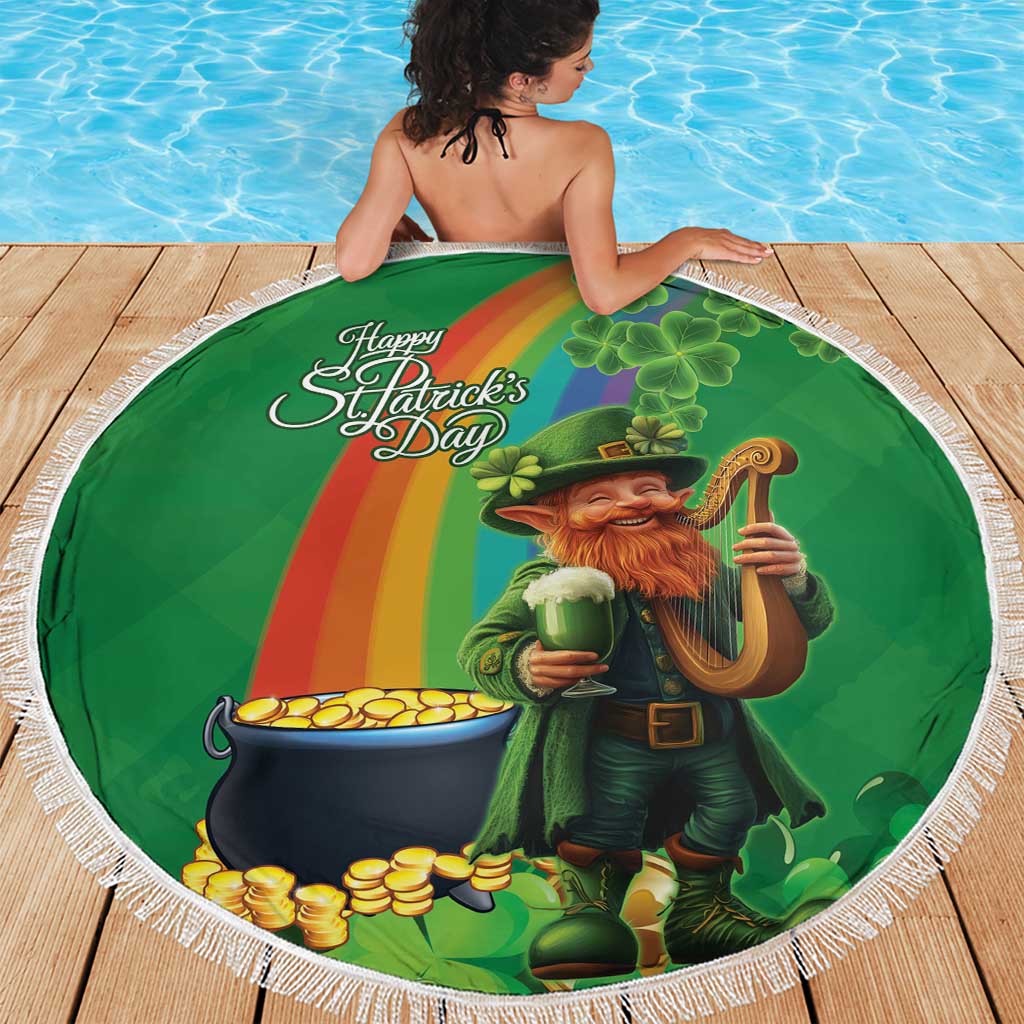 Round green beach blanket with white fringe, leprechaun holding beer and harp, rainbow.