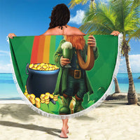 Round green beach blanket with white fringe, leprechaun holding beer and harp design.
