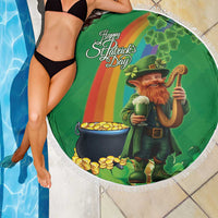 Round green beach blanket with white fringe, leprechaun holding beer and harp, gold coins.