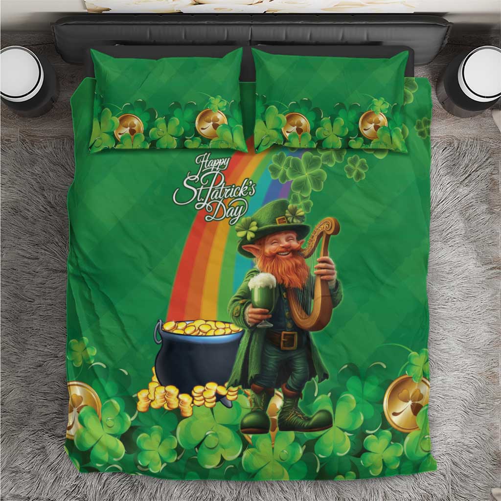 Green St Patrick’s Day duvet and pillow set with Happy St Patrick’s Day leprechaun scene