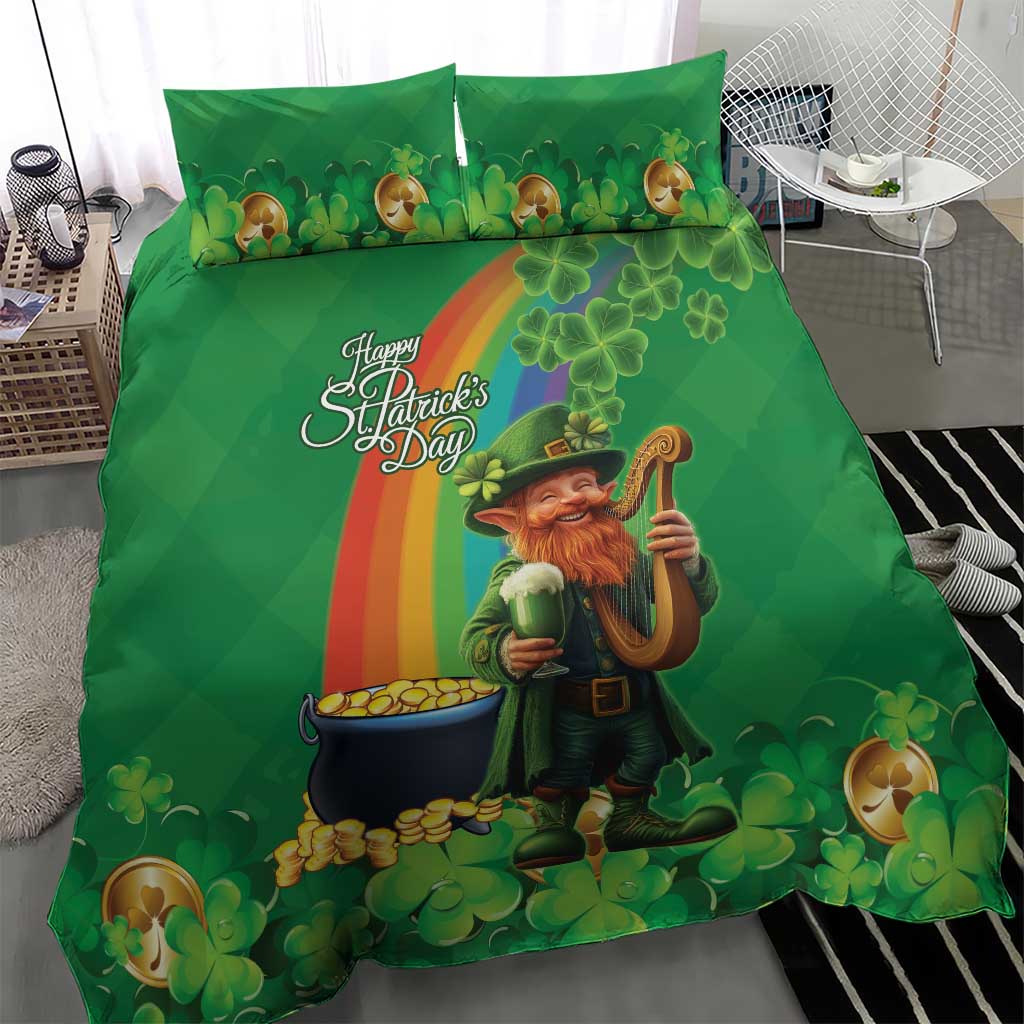 Green St Patrick’s Day duvet and pillows featuring leprechaun, clovers and rainbow