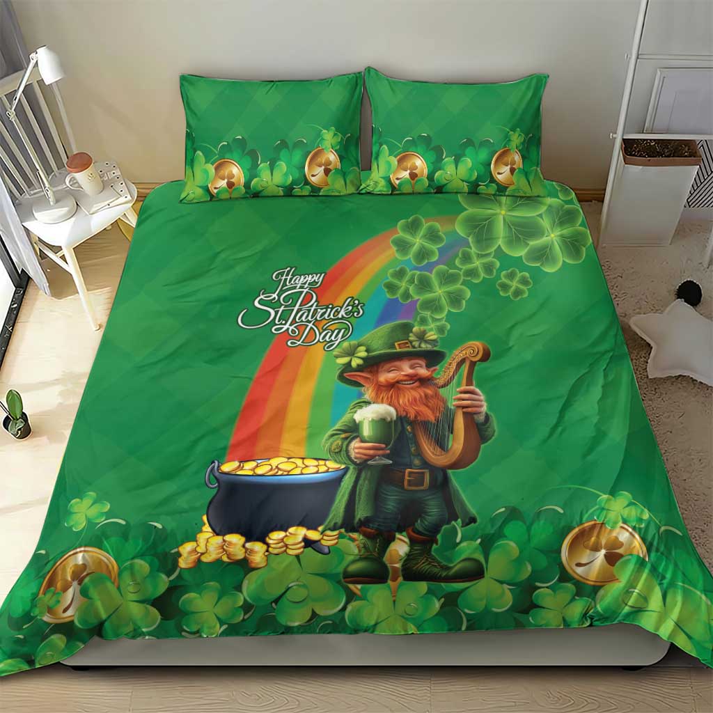 Green St Patrick’s Day bedding set with leprechaun, harp, gold coins, clovers