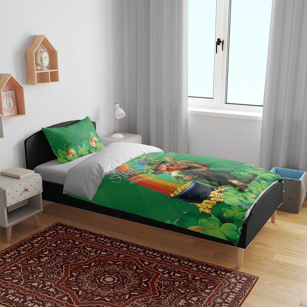 Green St Patrick’s Day bedding set on bed with leprechaun, rainbow, clovers and gold