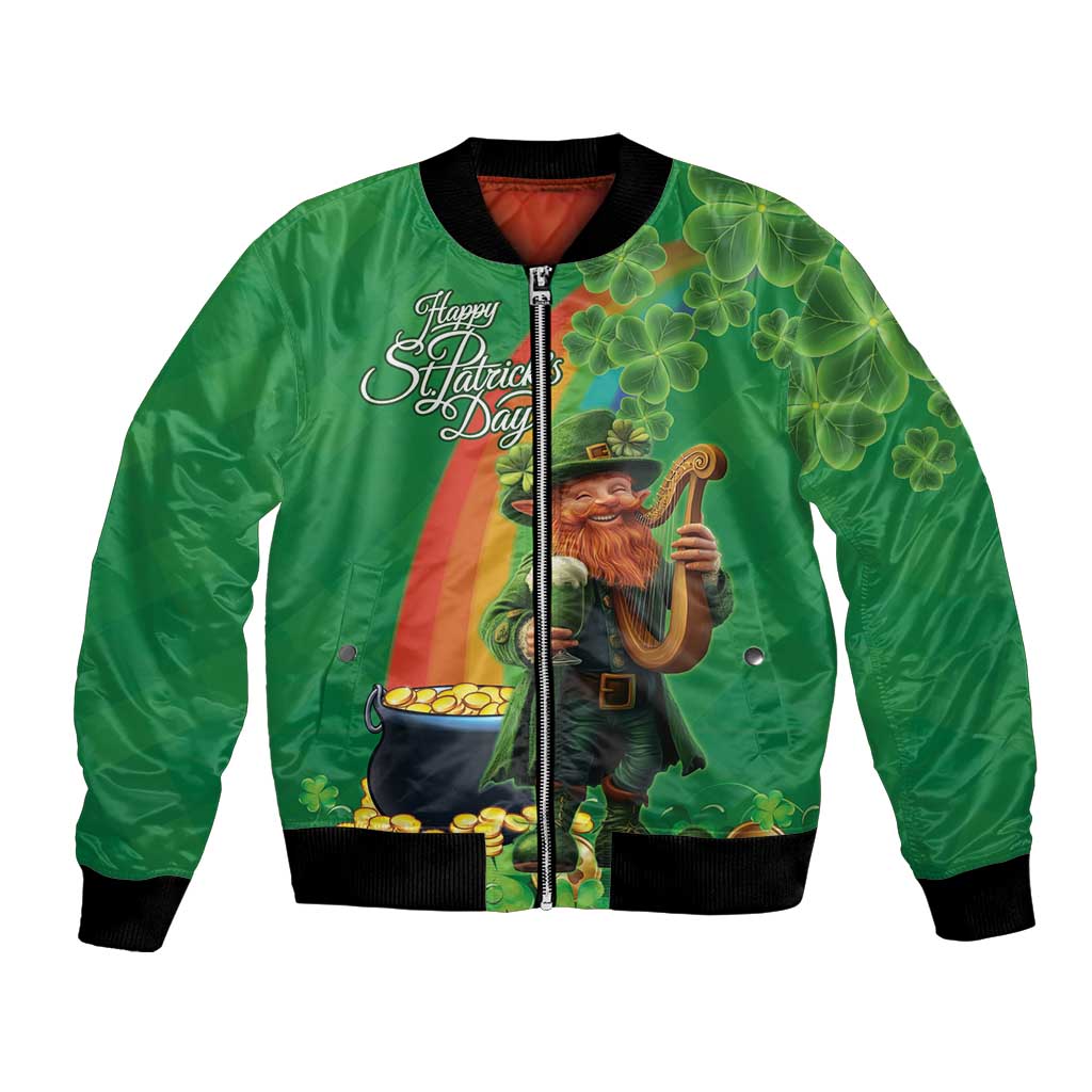 Happy Saint Patrick's Day Bomber Jacket Cheerful Leprechaun Irish Harp