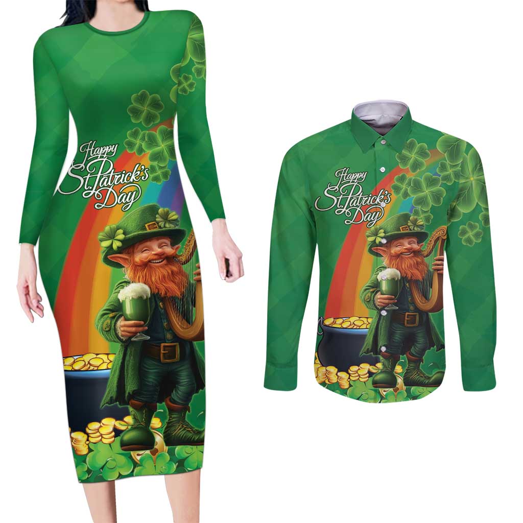 Happy Saint Patrick's Day Couples Matching Long Sleeve Bodycon Dress and Long Sleeve Button Shirt Cheerful Leprechaun Irish Harp