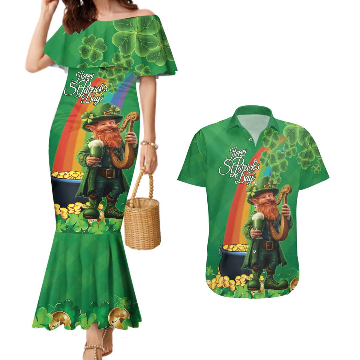 Happy Saint Patrick's Day Couples Matching Mermaid Dress and Hawaiian Shirt Cheerful Leprechaun Irish Harp