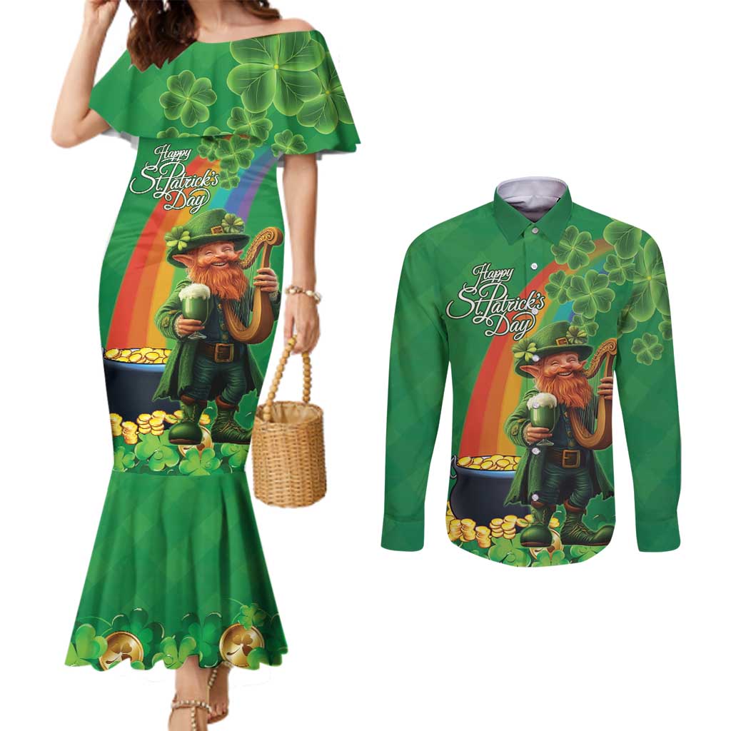 Happy Saint Patrick's Day Couples Matching Mermaid Dress and Long Sleeve Button Shirt Cheerful Leprechaun Irish Harp