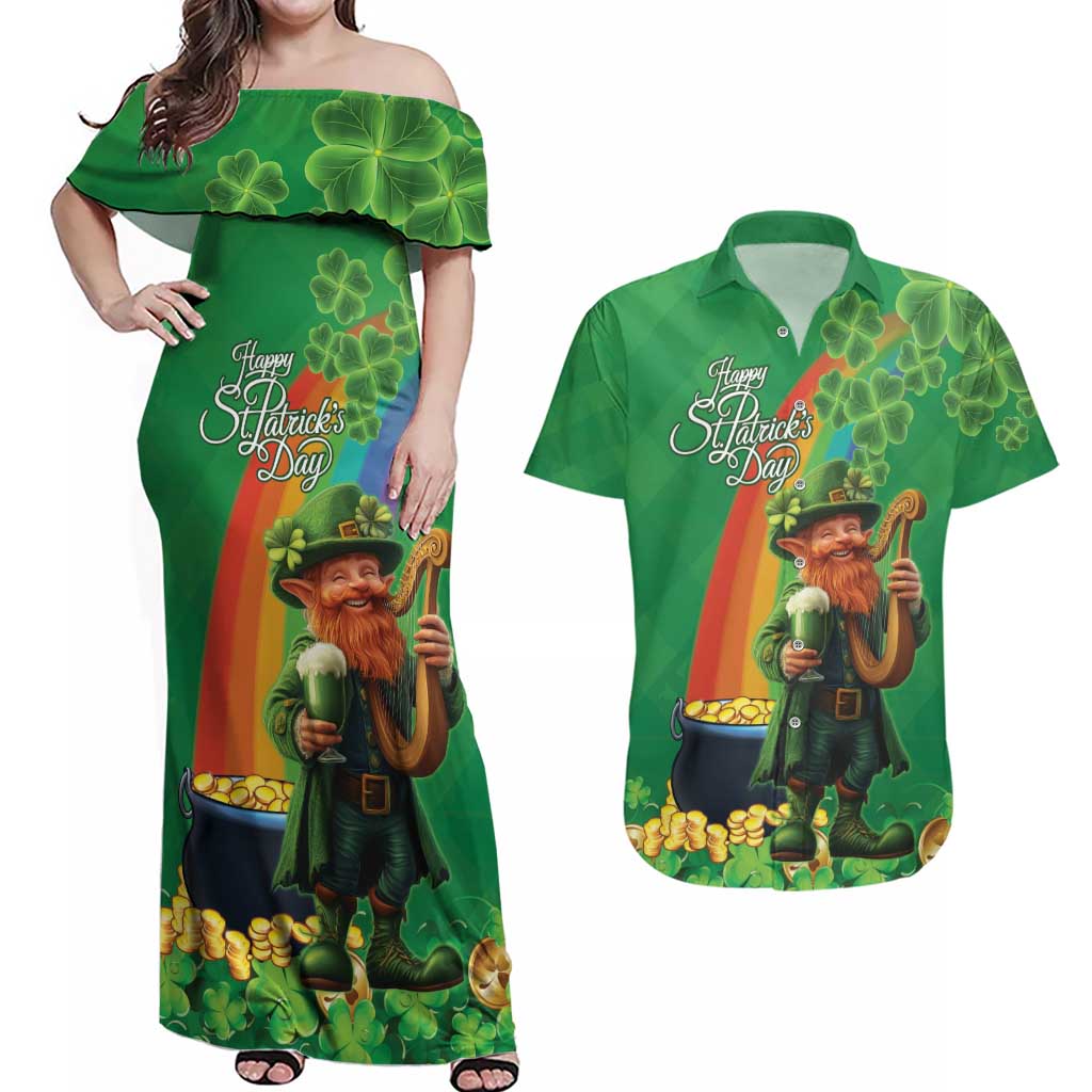 Happy Saint Patrick's Day Couples Matching Off Shoulder Maxi Dress and Hawaiian Shirt Cheerful Leprechaun Irish Harp