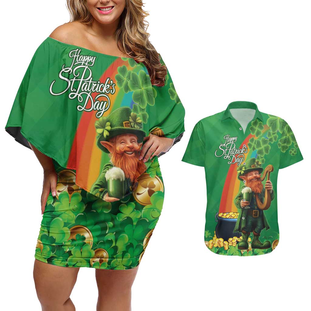 Happy Saint Patrick's Day Couples Matching Off Shoulder Short Dress and Hawaiian Shirt Cheerful Leprechaun Irish Harp