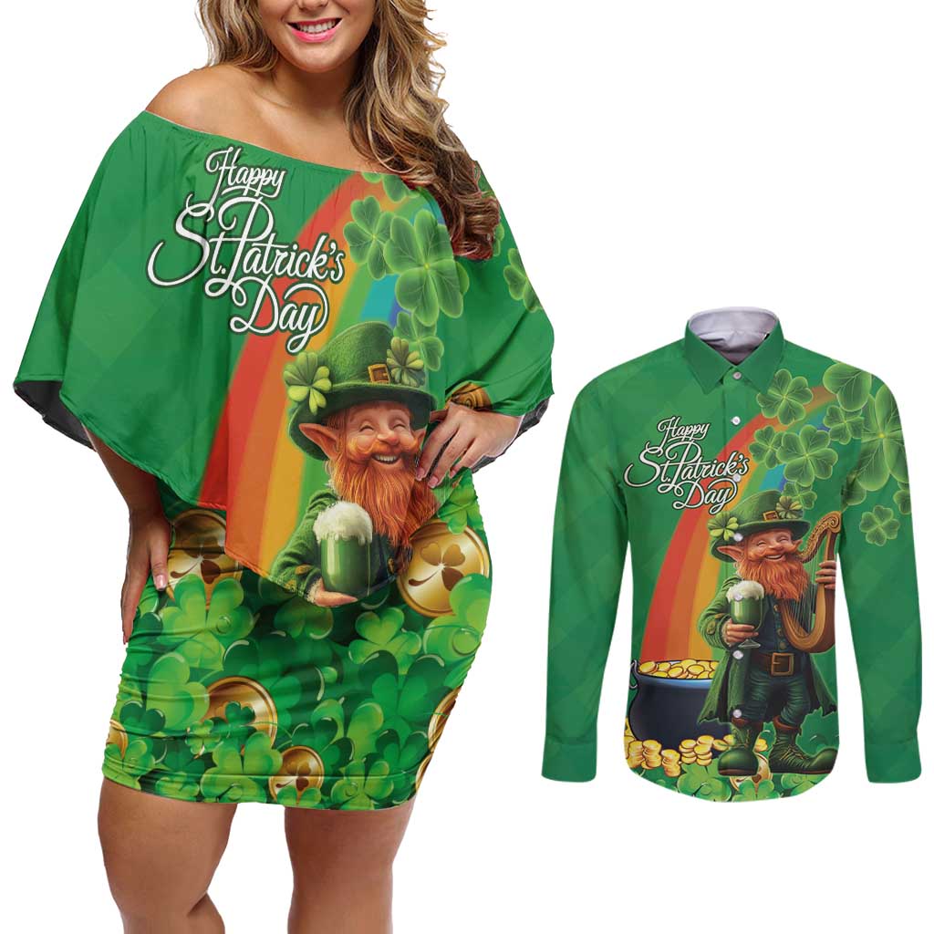 Happy Saint Patrick's Day Couples Matching Off Shoulder Short Dress and Long Sleeve Button Shirt Cheerful Leprechaun Irish Harp